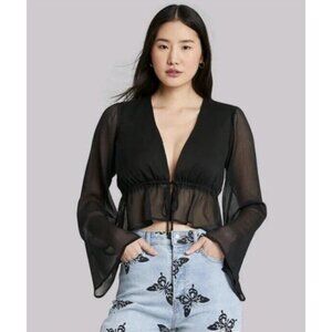 Long Sleeve Peplum Tie Front Sheer Black Blouse